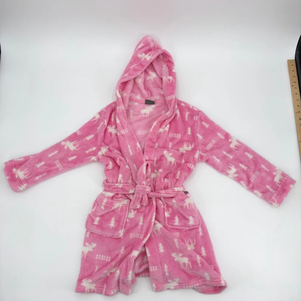 Eddie Bauer Kids Pink Moose Fleece Hooded Robe Size S 7/8 Wilderness PrintBelted